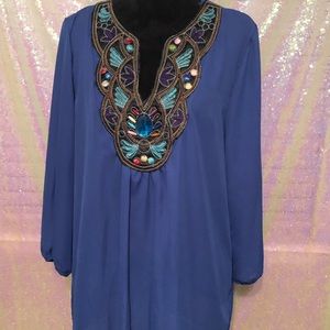 Lucky Brand XXX Blue Embroidered and Beaded Blouse
